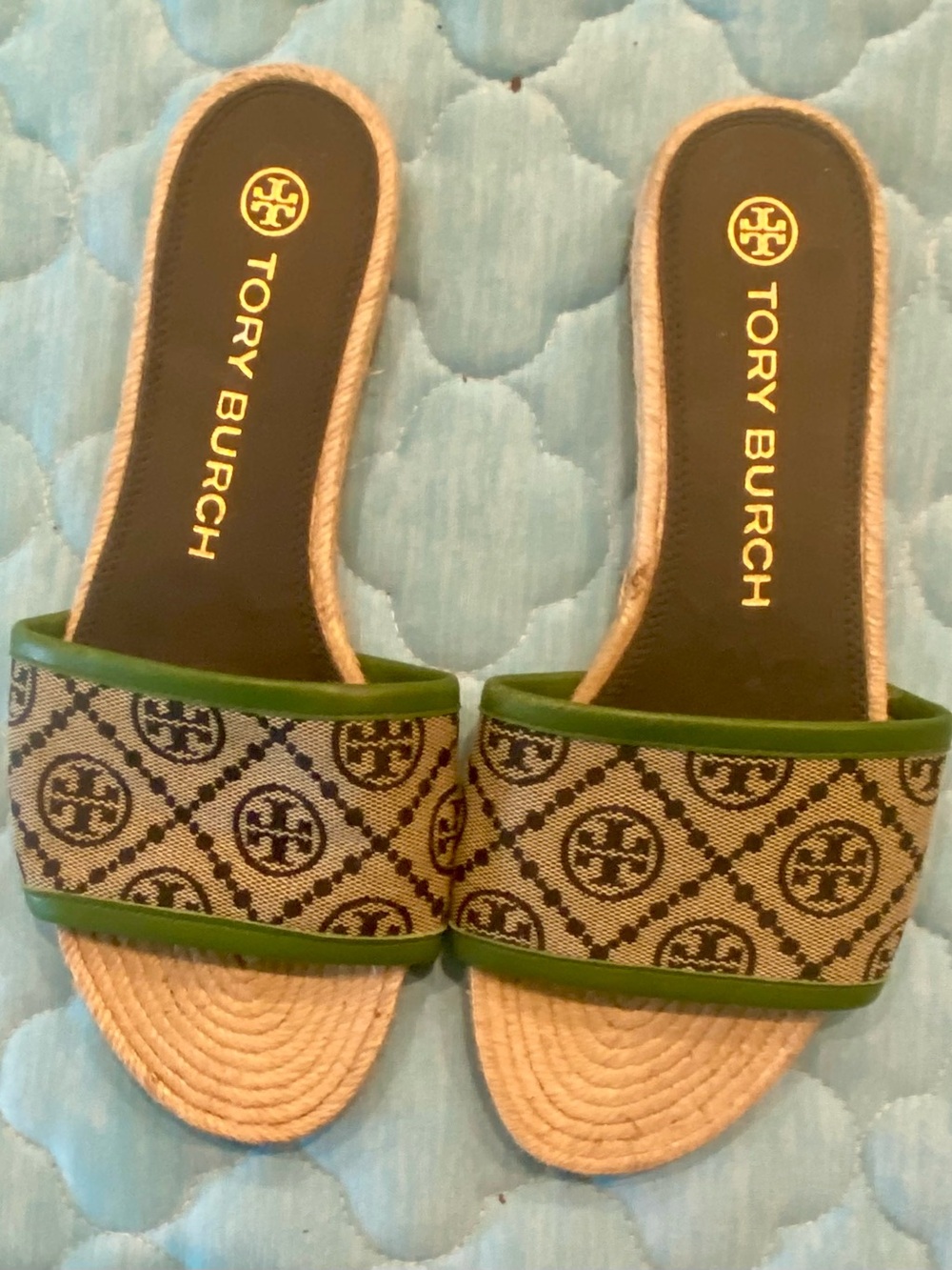 Tory Burch Green Trim Logo Slide Mules
